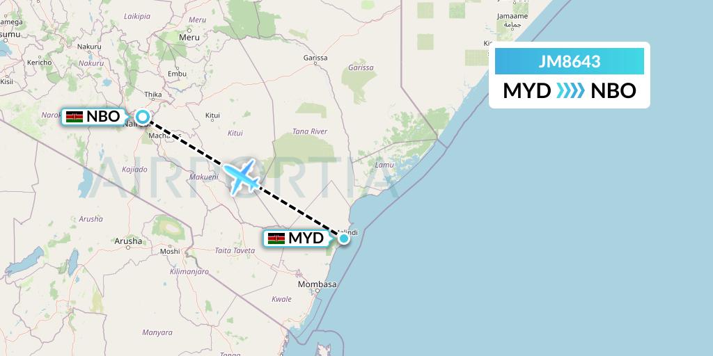 JM8643 Jambojet Limited Flight Map: Malindi to Nairobi