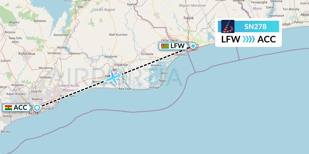 SN278 Brussels Airlines Flight Map: Lome to Accra