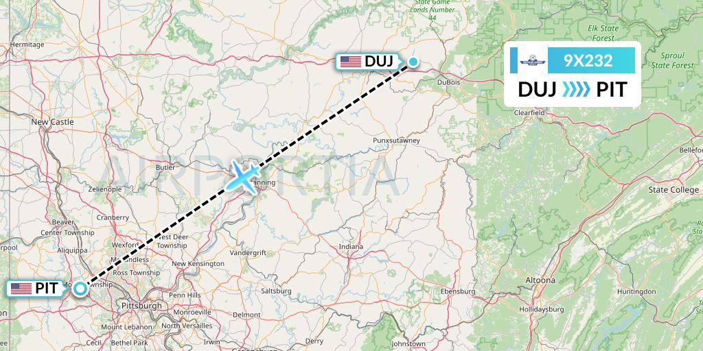 9X232 Southern Airways Express Flight Map: Dubois to Pittsburgh