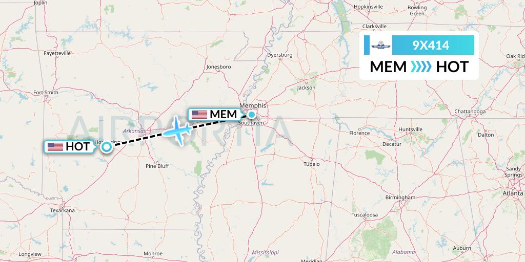 9X414 Southern Airways Express Flight Map: Memphis to Hot Springs