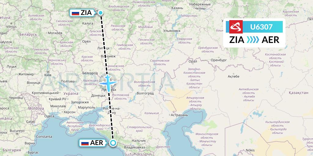 U6307 Ural Airlines Flight Map: Moscow to Sochi