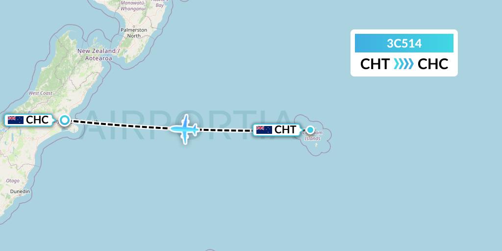 3C514 Air Chathams Flight Map: Waitangi to Christchurch