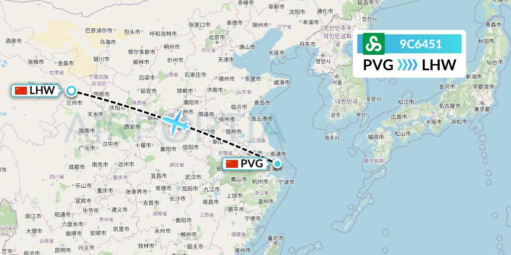 9C6451 Spring Airlines Flight Map: Shanghai to Lanzhou