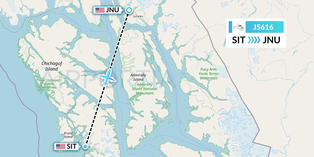J5616 Alaska Seaplane Service Flight Map: Sitka to Juneau