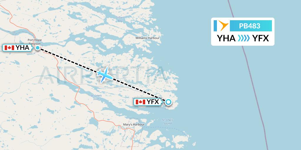 PB483 PAL Airlines Flight Map: Port Hope Simpson to St. Lewis