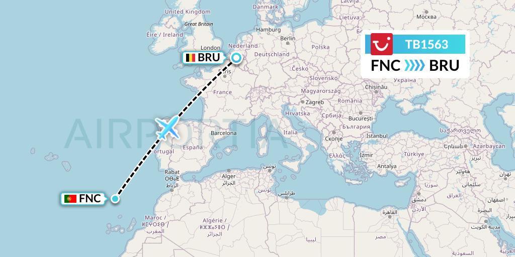 TB1563 TUI fly Belgium Flight Map: Funchal to Brussels