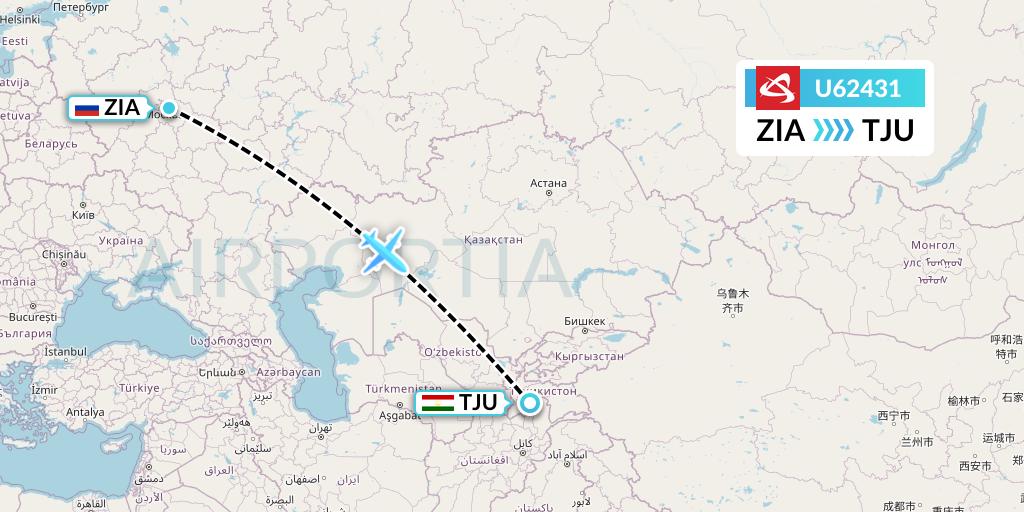 U62431 Ural Airlines Flight Map: Moscow to Kulob