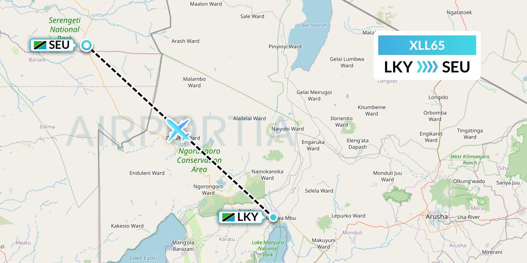 XLL65 Air Excel Flight Map: Lake Manyara National Park to Seronera
