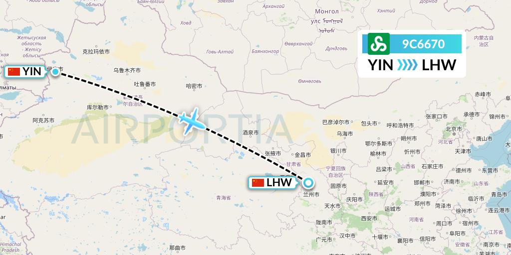9C6670 Spring Airlines Flight Map: Yining to Lanzhou