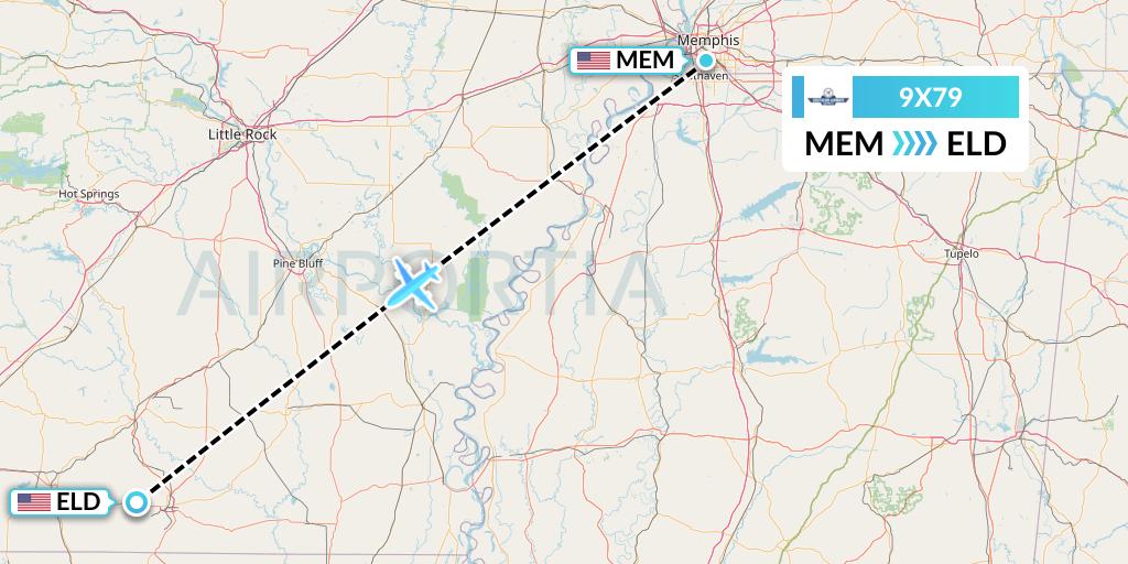 9X79 Southern Airways Express Flight Map: Memphis to El Dorado