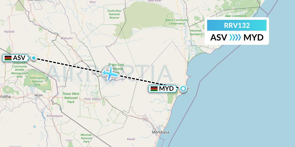 RRV132 Mombasa Air Safari Flight Map: Amboseli National Park to Malindi