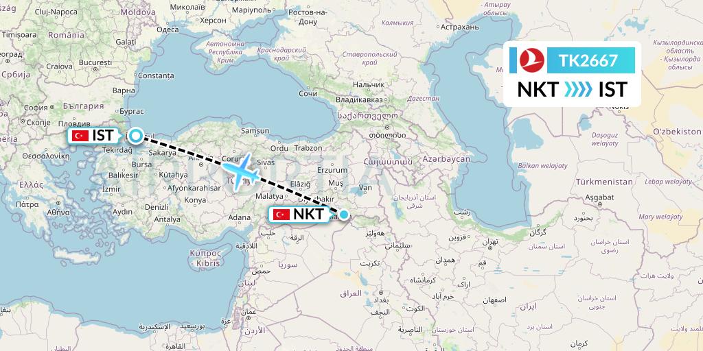 TK2667 Turkish Airlines Flight Map: Sirnak to Istanbul