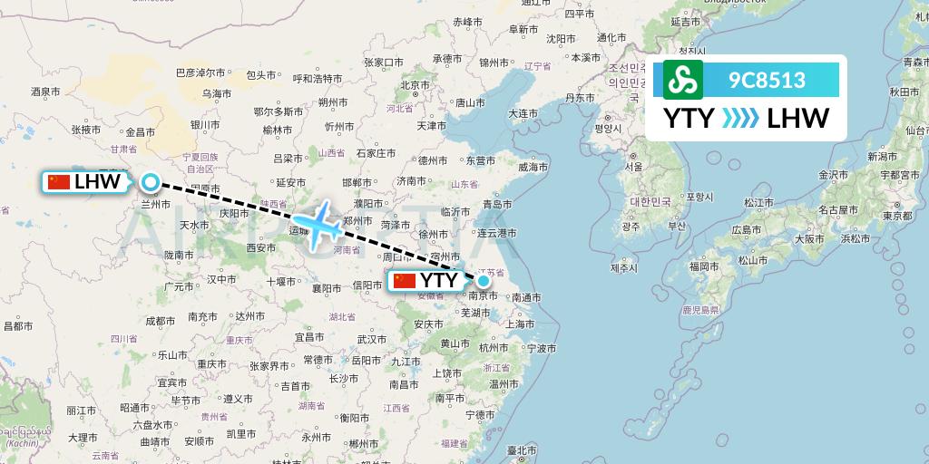 9C8513 Spring Airlines Flight Map: Yangzhou to Lanzhou