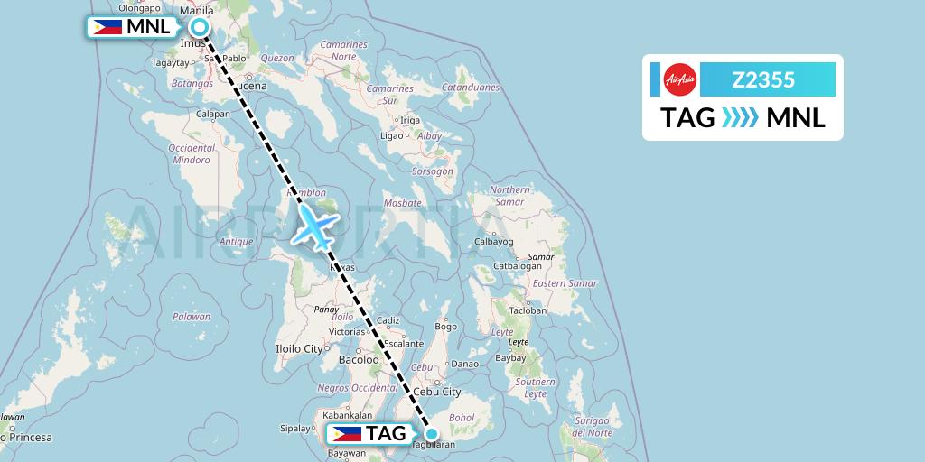 Z2355 Philippines AirAsia Flight Map: Tagbilaran City to Manila
