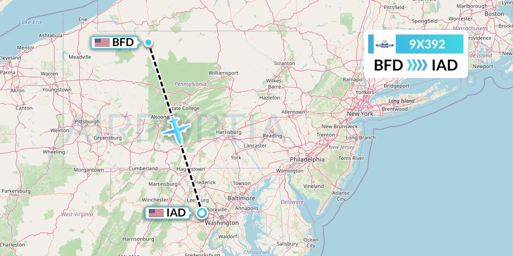 9X392 Southern Airways Express Flight Map: Bradford to Washington