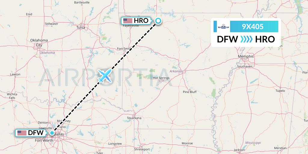 9X405 Southern Airways Express Flight Map: Dallas to Harrison