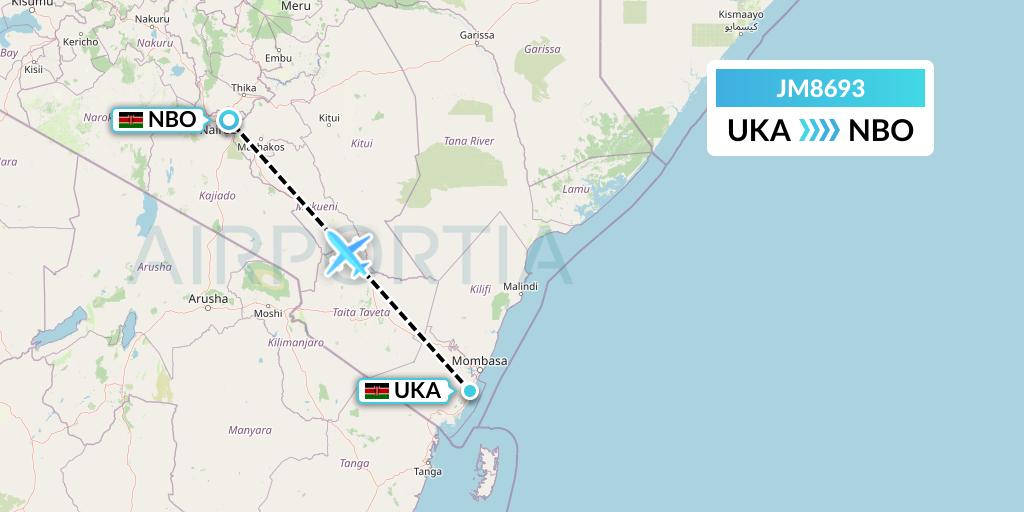 JM8693 Jambojet Limited Flight Map: Ukunda to Nairobi