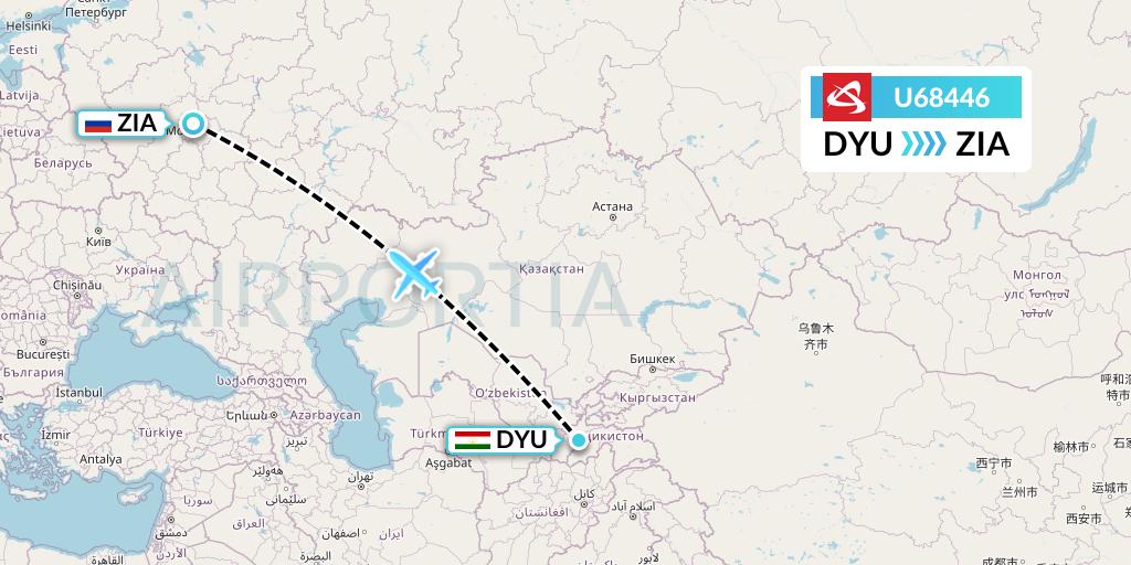 U68446 Ural Airlines Flight Map: Dushanbe to Moscow
