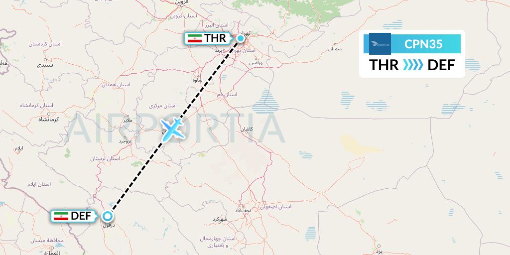 CPN35 Caspian Airlines Flight Map: Tehran to Dezful