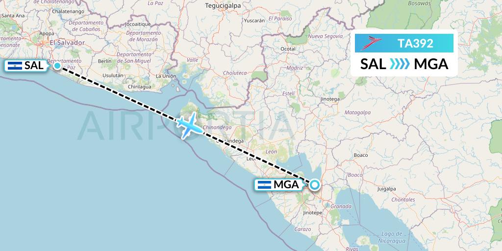 TA392 TACA Airlines Flight Map: San Salvador to Managua