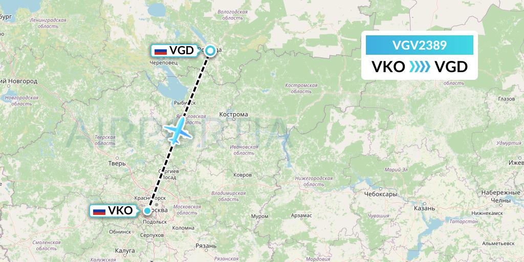 VGV2389 Vologda Air Enterprise Flight Map: Moscow to Vologda