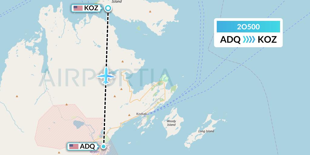 2O500 Island Air Service Flight Map: Kodiak to Ouzinkie