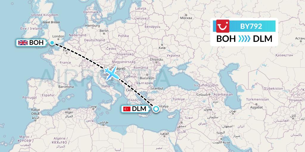 BY792 TUI Airways Flight Map: Bournemouth to Dalaman