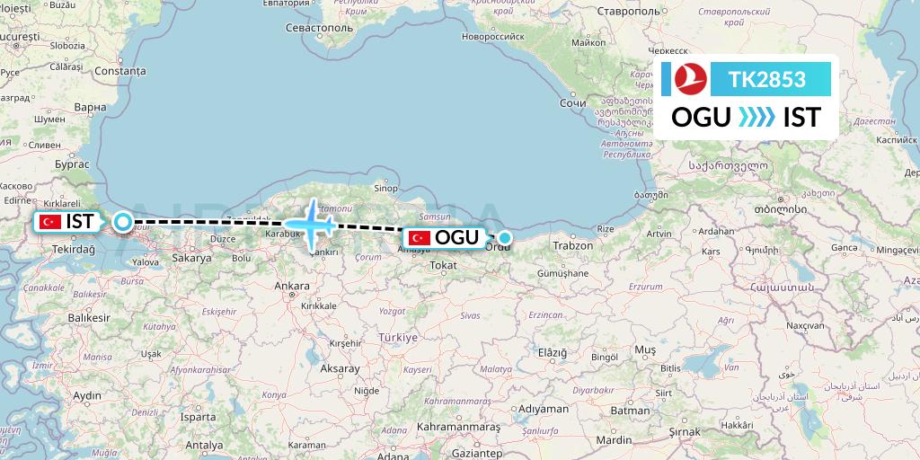 TK2853 Turkish Airlines Flight Map: Ordu to Istanbul