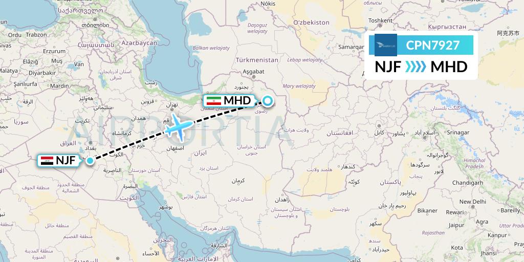 CPN7927 Caspian Airlines Flight Map: Najaf to Mashhad