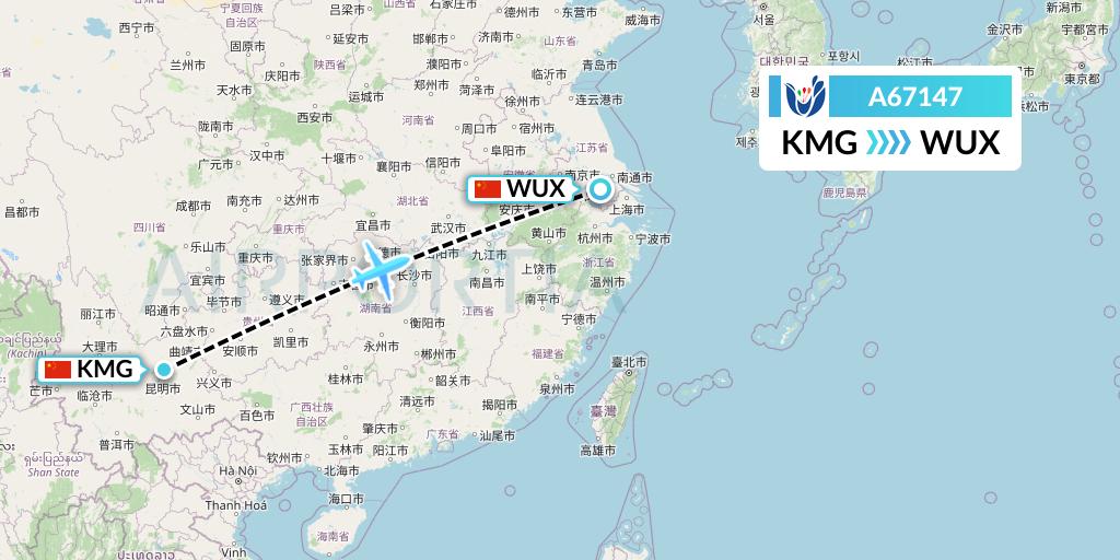 A67147 Hongtu Airlines Flight Map: Kunming to Wuxi
