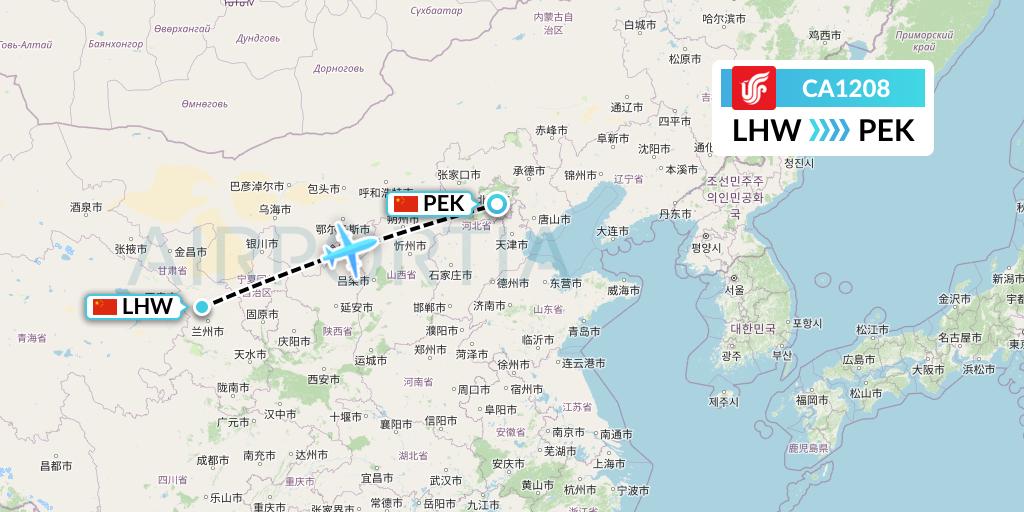 CA1208 Air China Flight Map: Lanzhou to Beijing