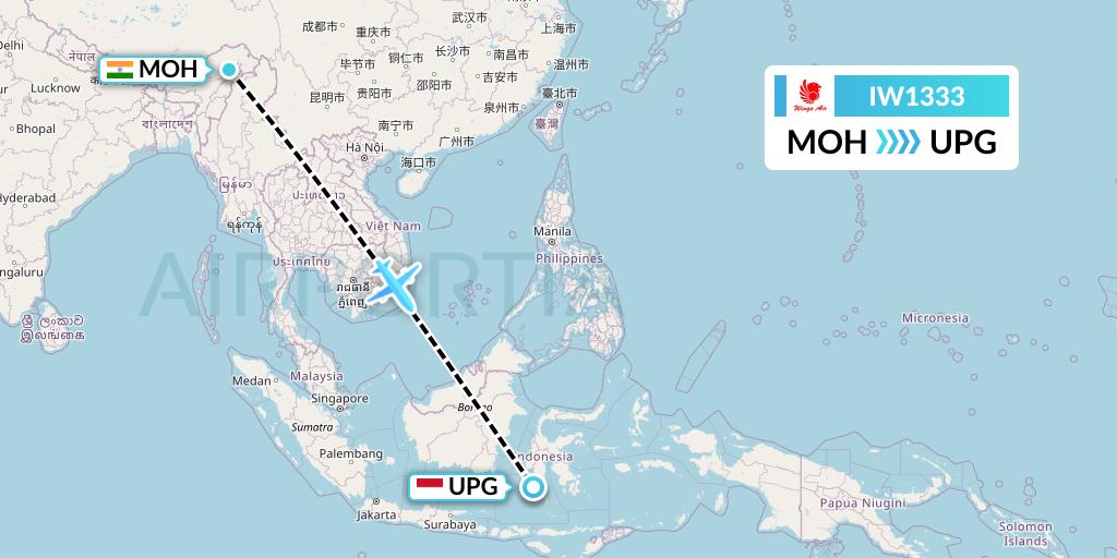 IW1333 Wings Air Flight Map: Mohanbari to Makassar