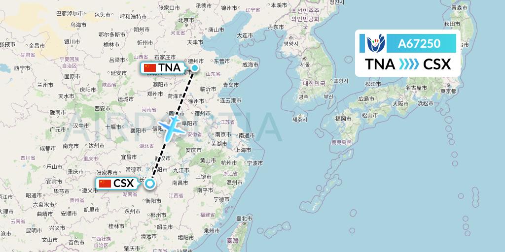 A67250 Hongtu Airlines Flight Map: Jinan to Changsha