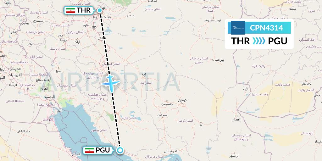 CPN4314 Caspian Airlines Flight Map: Tehran to Assaluyeh