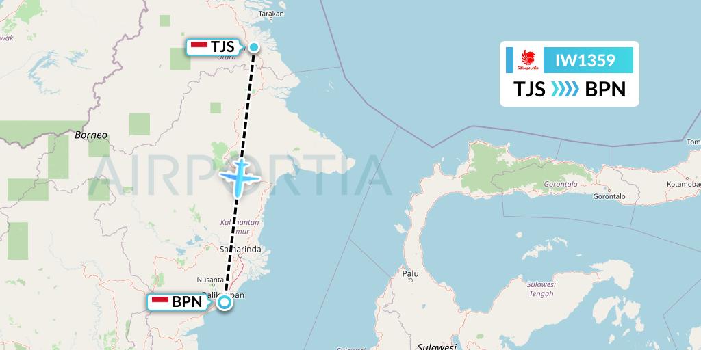 IW1359 Wings Air Flight Map: Tanjung Selor-Borneo Island to Balikpapan