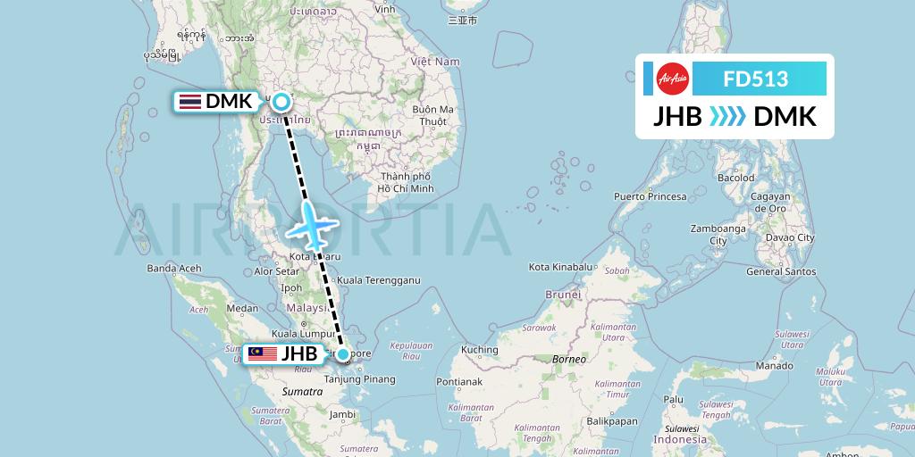 FD513 Thai AirAsia Flight Map: Johor Bahru to Bangkok