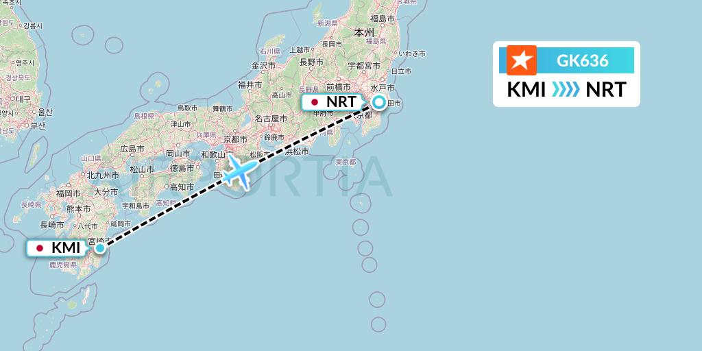 GK636 JetStar Japan Flight Map: Miyazaki to Tokyo