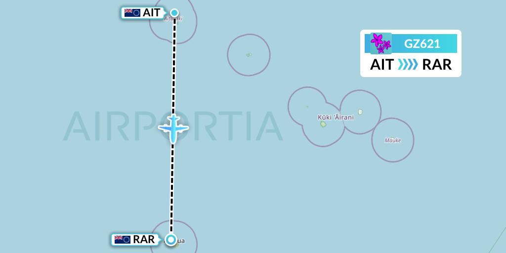 GZ621 Air Rarotonga Flight Map: Aitutaki to Avarua
