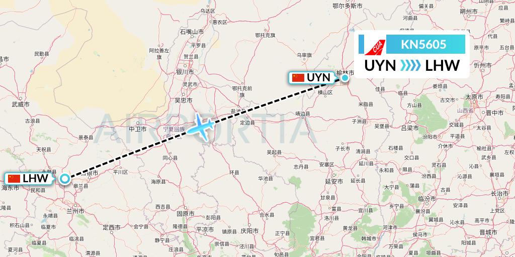 KN5605 China United Airlines Flight Map: Yulin to Lanzhou