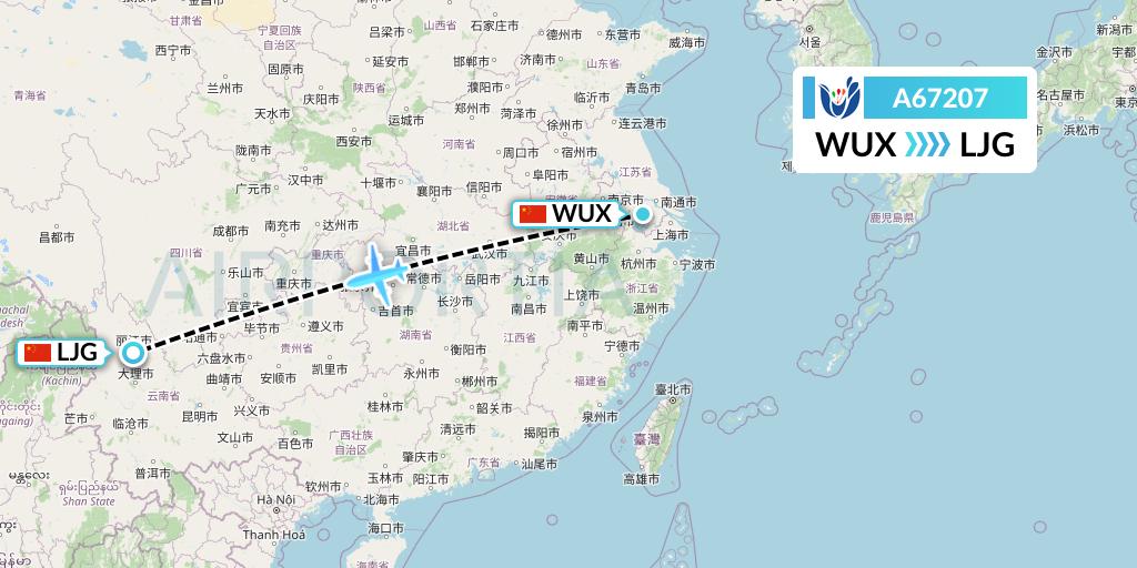 A67207 Hongtu Airlines Flight Map: Wuxi to Lijiang