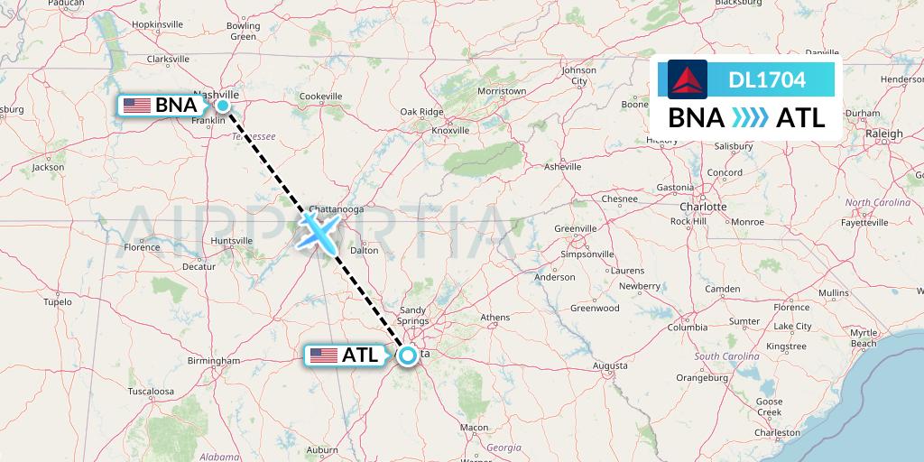 DL1704 Delta Air Lines Flight Map: Nashville to Atlanta