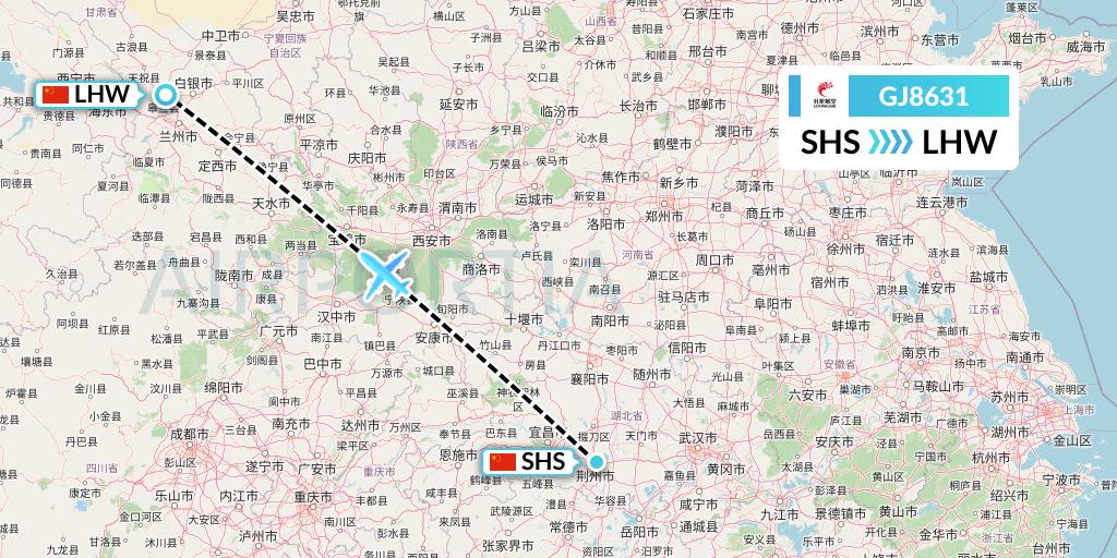 GJ8631 Loong Airlines Flight Map: Shashi to Lanzhou