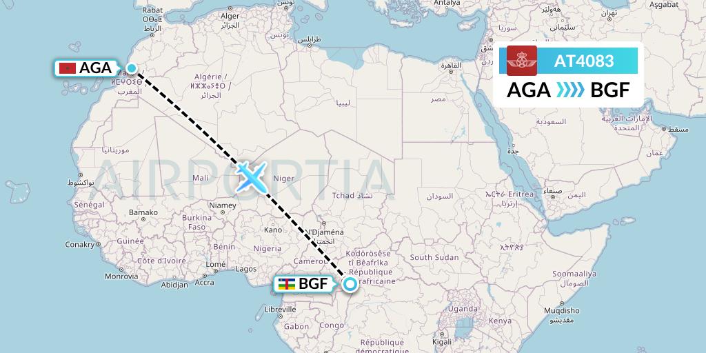 AT4083 Royal Air Maroc Flight Map: Agadir to Bangui