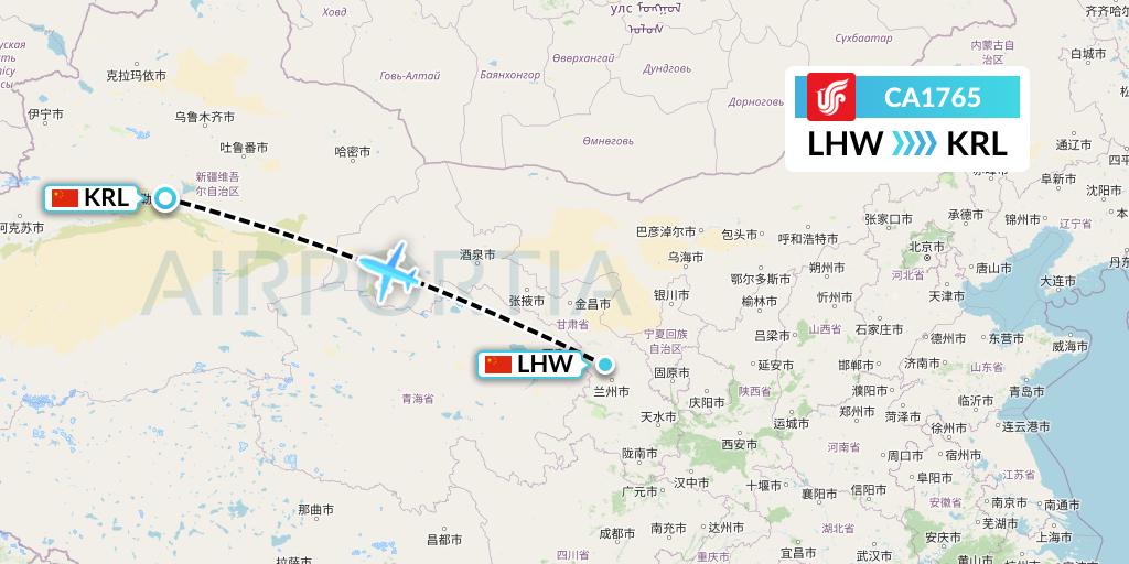 CA1765 Air China Flight Map: Lanzhou to Korla