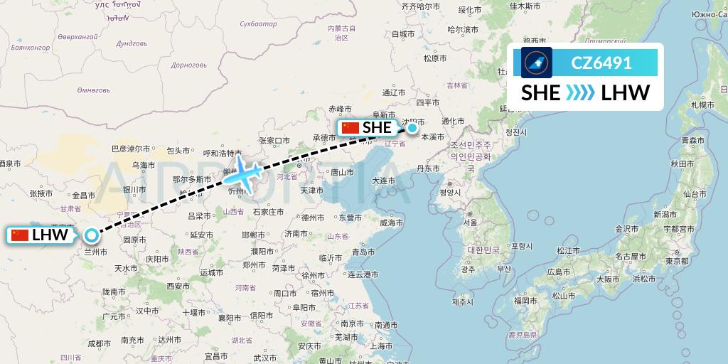 CZ6491 China Southern Airlines Flight Map: Shenyang to Lanzhou