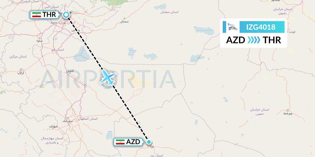 IZG4018 Zagros Airlines Flight Map: Yazd to Tehran