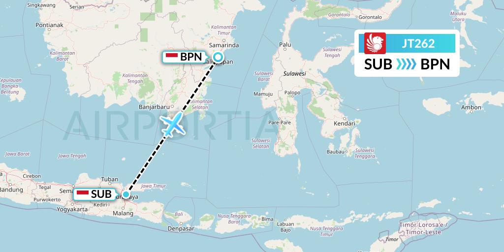 JT262 Lion Airlines Flight Map: Surabaya to Balikpapan