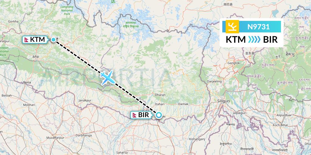 N9731 Shree Airlines Flight Map: Kathmandu to Biratnagar