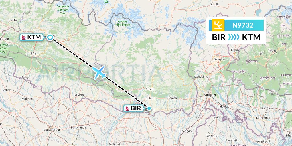 N9732 Shree Airlines Flight Map: Biratnagar to Kathmandu