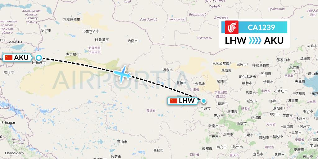 CA1239 Air China Flight Map: Lanzhou to Aksu